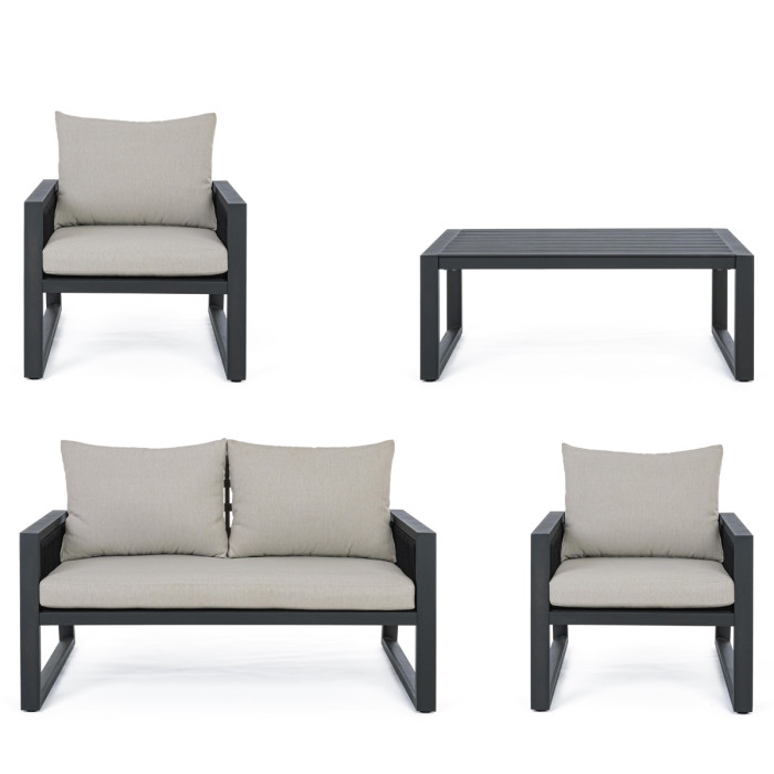 Set salotto giardino 4 posti con tavolino in alluminio Antracite e cuscini imbottiti