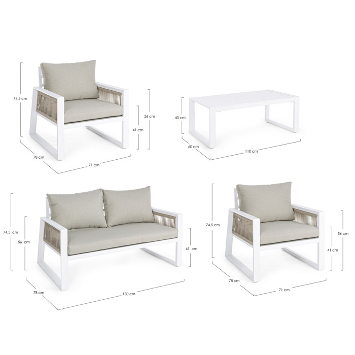 Set salotto Captiva giardino moderno 4 posti con tavolino in alluminio Bianco e cuscini imbottiti