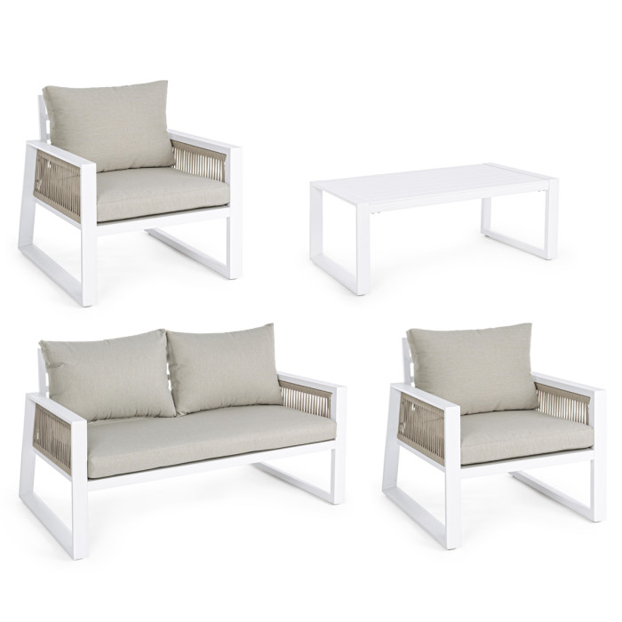 Set salotto Captiva giardino moderno 4 posti con tavolino in alluminio Bianco e cuscini imbottiti