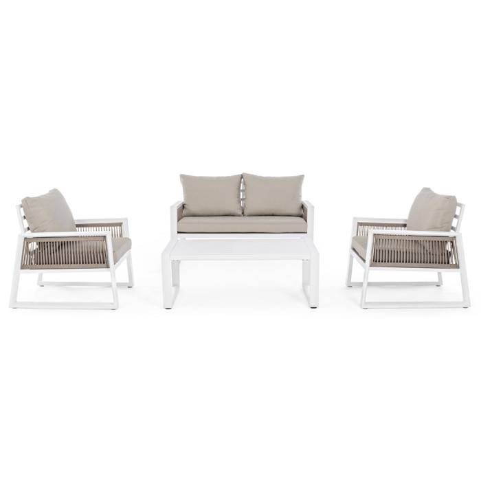 Set salotto Captiva giardino moderno 4 posti con tavolino in alluminio Bianco e cuscini imbottiti