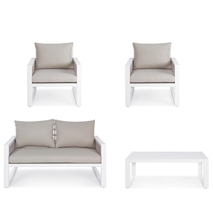 Set salotto Captiva giardino moderno 4 posti con tavolino in alluminio Bianco e cuscini imbottiti