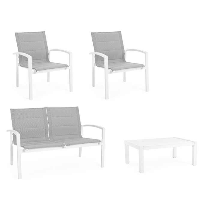 Set salotto giardino con tavolino in textilene imbottito e alluminio 4 posti Bianco