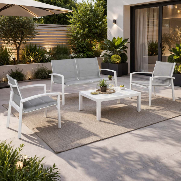 Set salotto giardino con tavolino in textilene imbottito e alluminio 4 posti Bianco