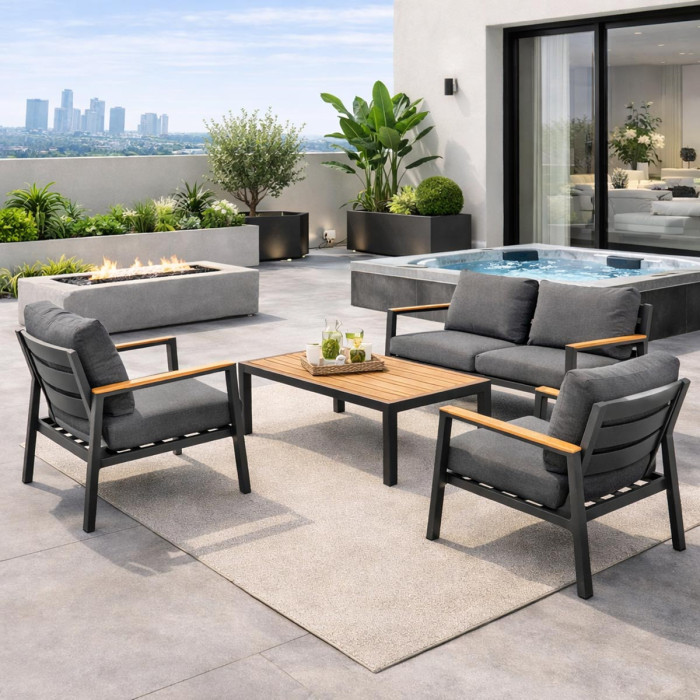 Set salotto giardino 4 posti in alluminio Antracite e cuscini imbottiti sfoderabili