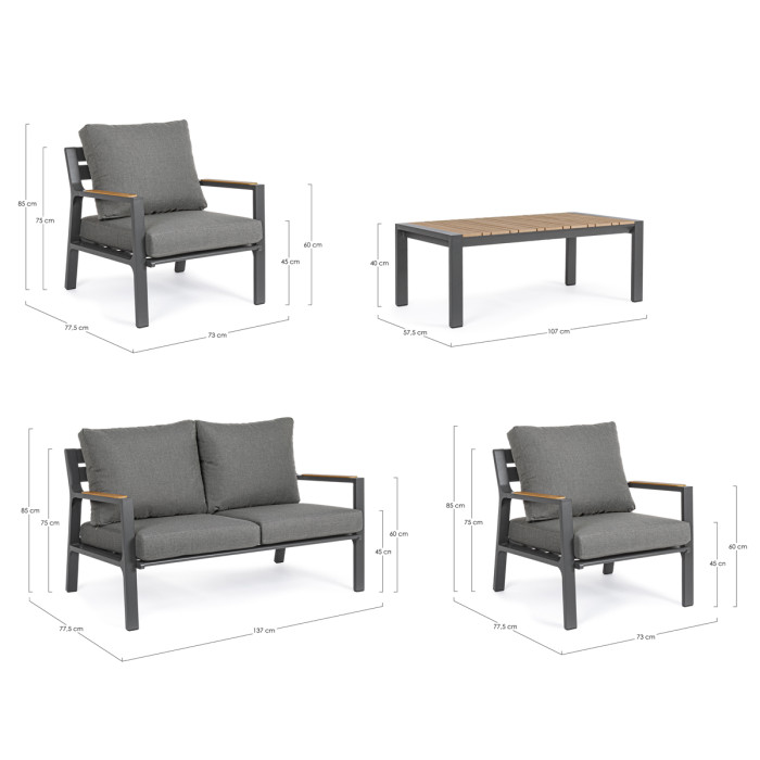 Set salotto giardino 4 posti in alluminio Antracite e cuscini imbottiti sfoderabili