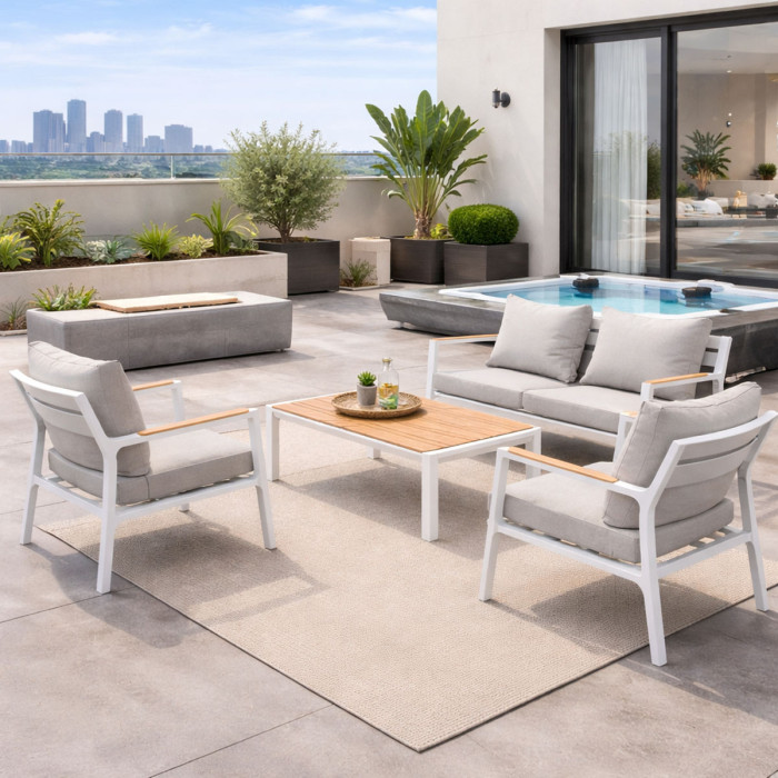 Set salotto giardino 4 posti in alluminio Bianco e cuscini imbottiti sfoderabili