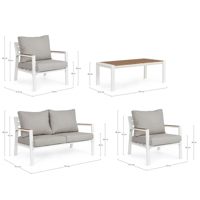 Set salotto giardino 4 posti in alluminio Bianco e cuscini imbottiti sfoderabili