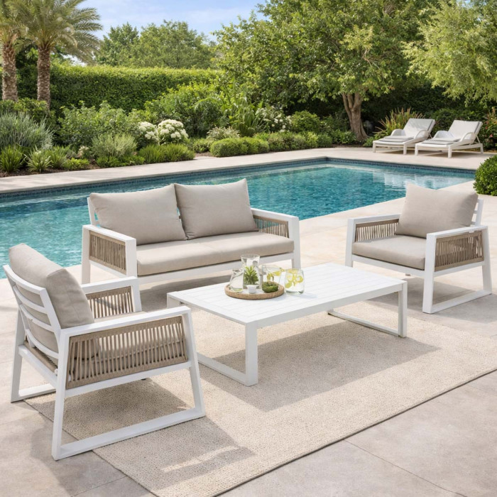 Set salotto Captiva giardino moderno 4 posti con tavolino in alluminio Bianco e cuscini imbottiti