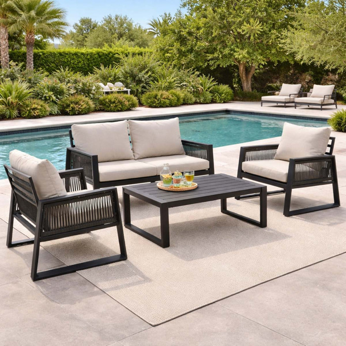 Set salotto giardino 4 posti con tavolino in alluminio Antracite e cuscini imbottiti