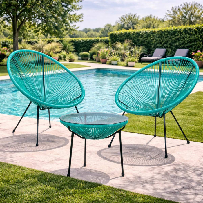 Set 2 Poltrone con tavolino da Giardino Design Vintage in Acciaio e Corda PE, Comfort Ergonomico, Turchese