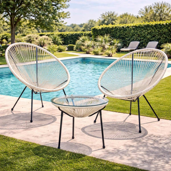 Set 2 Poltrone con tavolino da Giardino Design Vintage in Acciaio e Corda PE, Bianco