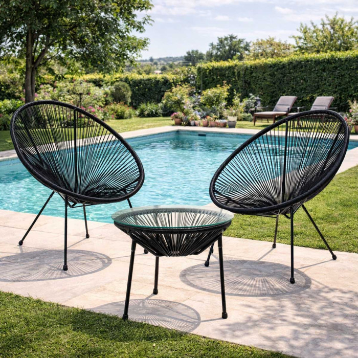 Set 2 Poltrone con tavolino da Giardino Design Vintage in Acciaio e Corda PE, Nero