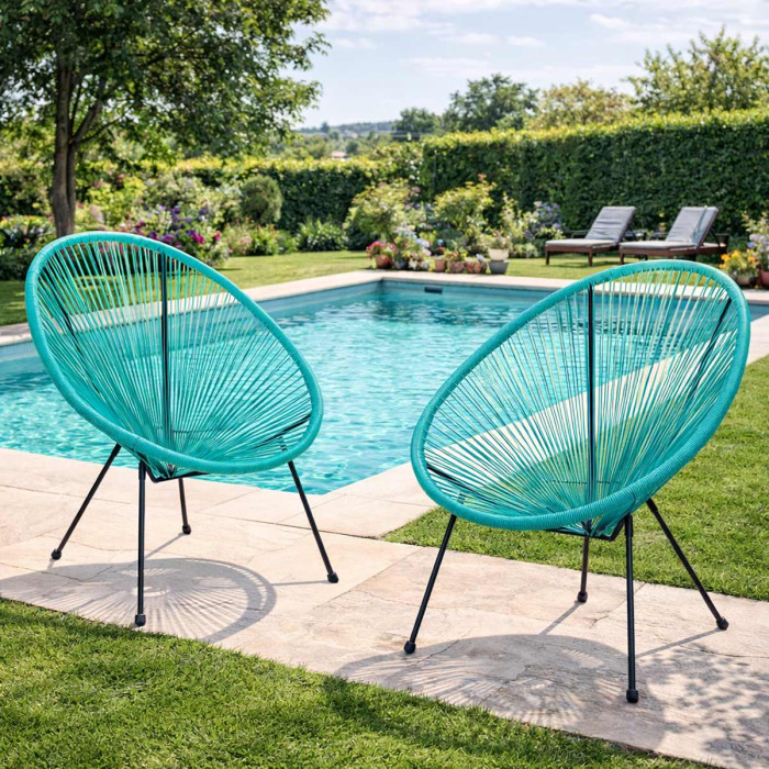 Set 2 Poltrone da Giardino Design Vintage in Acciaio e Corda PE, Comfort Turchese