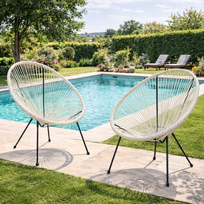 Set 2 Poltrone da Giardino Design Vintage in Acciaio e Corda PE, Comfort Ergonomico, Bianco