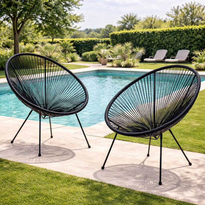 Set 2 Poltrone da Giardino Design Vintage in Acciaio e Corda PE, Comfort Ergonomico, nero