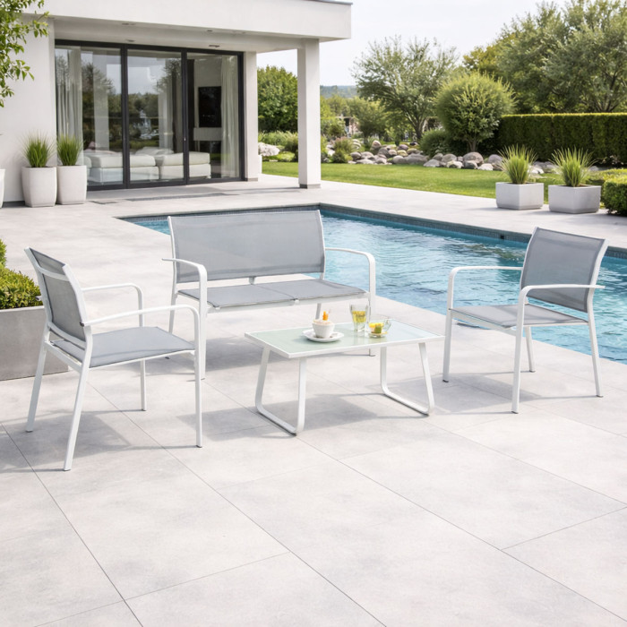 Set salotto giardino con tavolino in acciaio 4 posti ARENT bianco