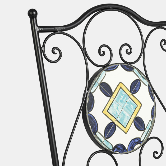 set bistrot positano in acciaio verniciato con sedie pieghevoli e tavolino decoro maioliche