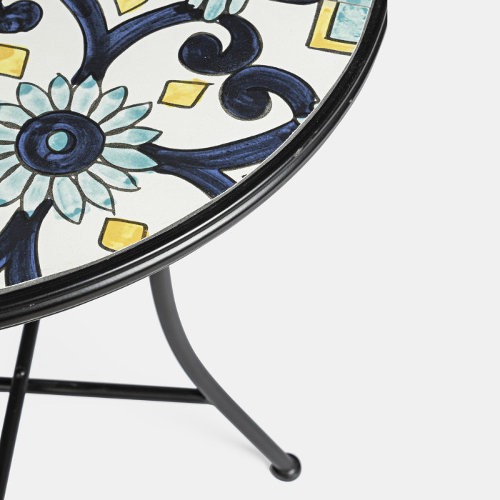 set bistrot positano in acciaio verniciato con sedie pieghevoli e tavolino decoro maioliche