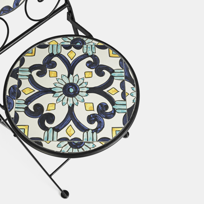 set bistrot positano in acciaio verniciato con sedie pieghevoli e tavolino decoro maioliche