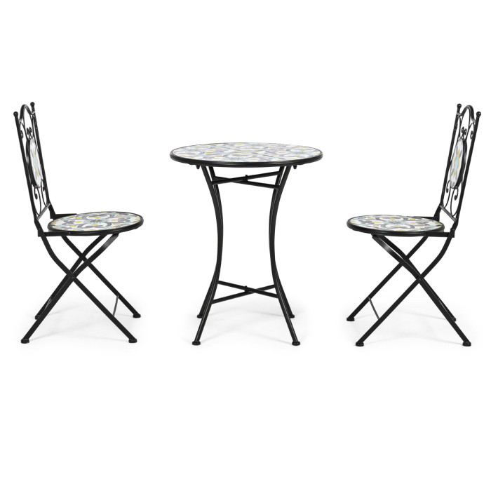 set bistrot positano in acciaio verniciato con sedie pieghevoli e tavolino decoro maioliche