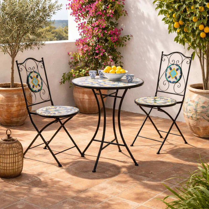 set bistrot positano in acciaio verniciato con sedie pieghevoli e tavolino decoro maioliche