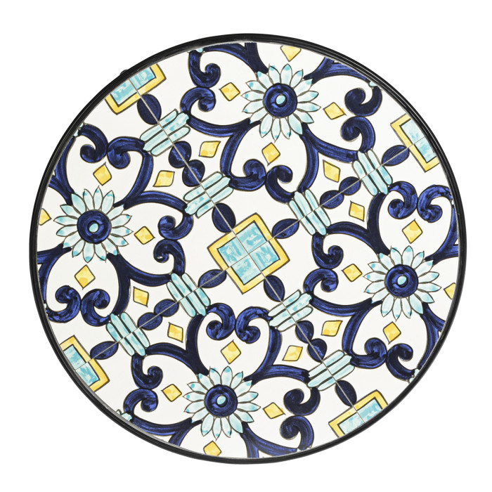 set bistrot positano in acciaio verniciato con sedie pieghevoli e tavolino decoro maioliche