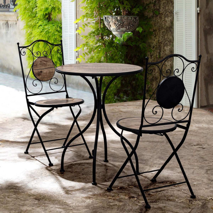 Set bistrot kansas tavolo con 2 sedie pieghevoli in acciaio verniciato e decoro ceramica stile industrial