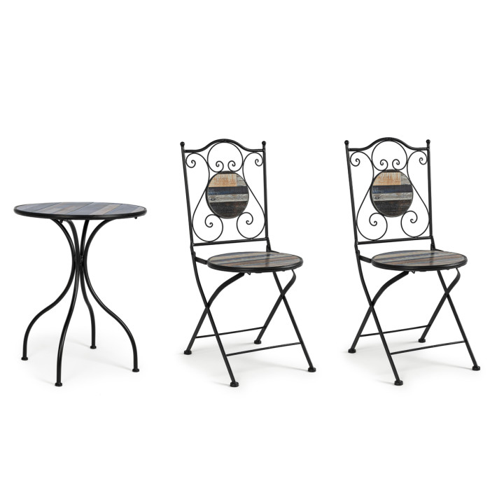 Set bistrot houston tavolo con 2 sedie pieghevoli in acciaio verniciato e decoro ceramica stile country