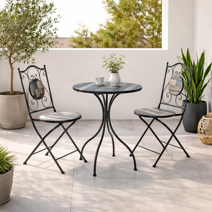 Set bistrot houston tavolo con 2 sedie pieghevoli in acciaio verniciato e decoro ceramica stile country