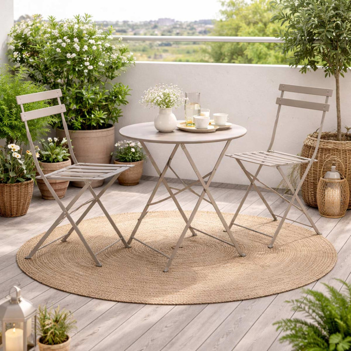 Set Bistrot Pieghevole in Acciaio Verniciato, Tavolino e 2 Sedie, Arredo Giardino e Balcone, Salvaspazio, Tortora Atmo