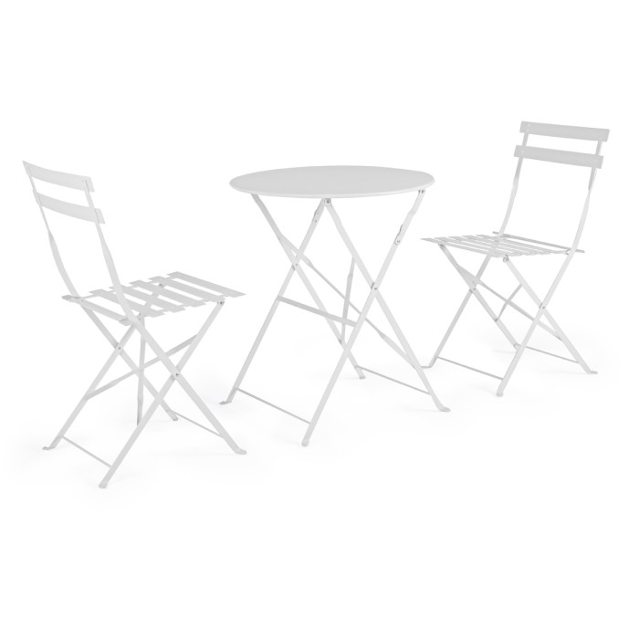 Set Bistrot Pieghevole in Acciaio Verniciato, Tavolino e 2 Sedie, Arredo Giardino e Balcone, Salvaspazio, Bianco