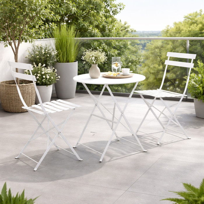 Set Bistrot Pieghevole in Acciaio Verniciato, Tavolino e 2 Sedie, Arredo Giardino e Balcone, Salvaspazio, Bianco
