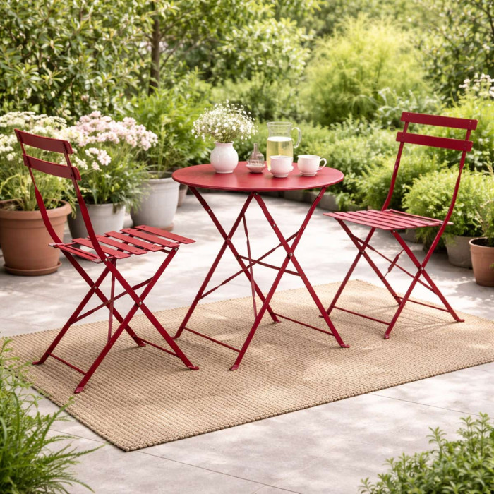 Set Bistrot Pieghevole in Acciaio Verniciato, Tavolino e 2 Sedie, Arredo Giardino e Balcone, Salvaspazio, Rosso Scarlet