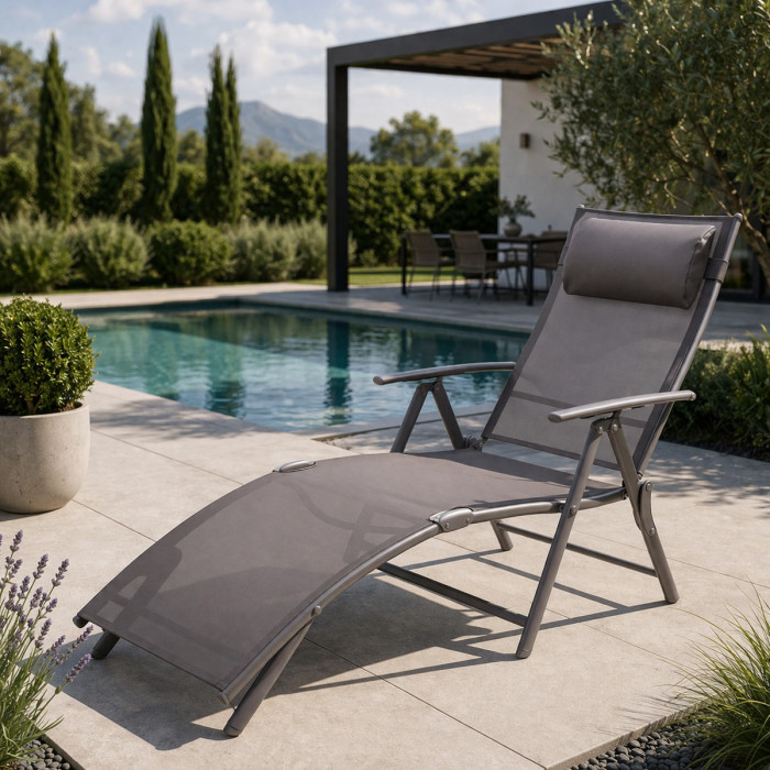 Sdraio per terrazzo pieghevole con poggiapiedi e braccioli in acciaio verniciato e textilene plan grigio