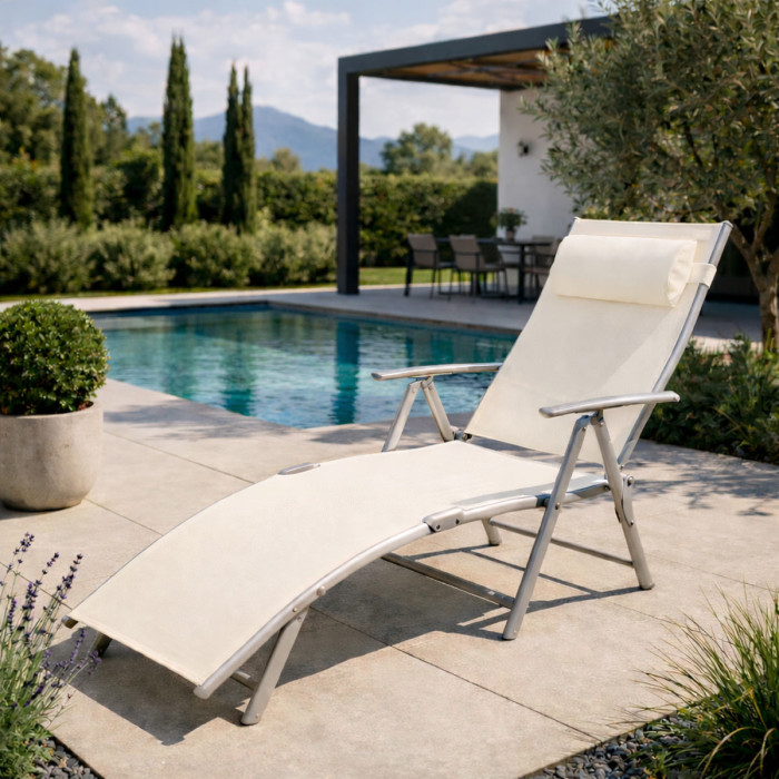 Sdraio per terrazzo pieghevole con poggiapiedi e braccioli in acciaio verniciato e textilene plan avorio
