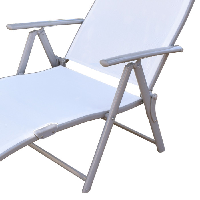 Sdraio per terrazzo pieghevole con poggiapiedi e braccioli in acciaio verniciato e textilene plan bianco