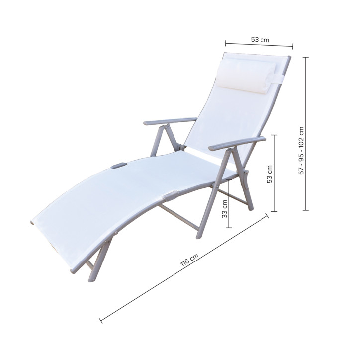Sdraio per terrazzo pieghevole con poggiapiedi e braccioli in acciaio verniciato e textilene plan bianco