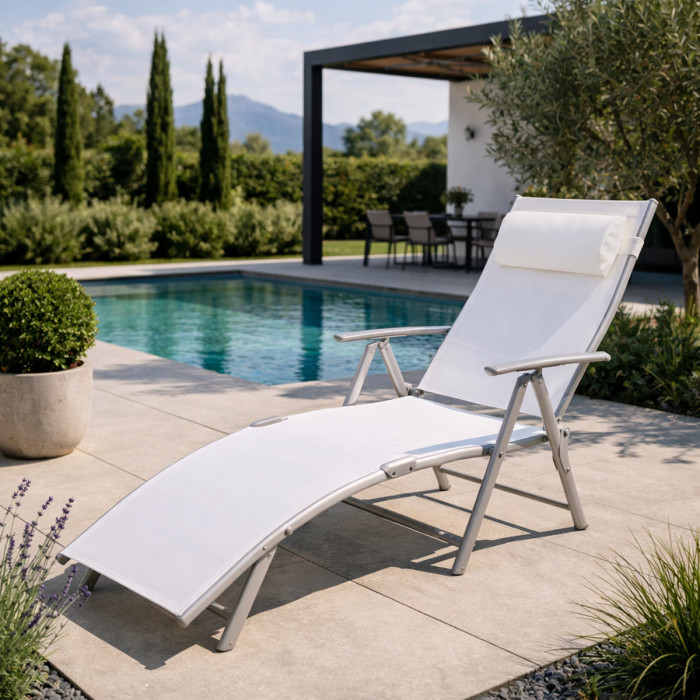 Sdraio per terrazzo pieghevole con poggiapiedi e braccioli in acciaio verniciato e textilene plan bianco