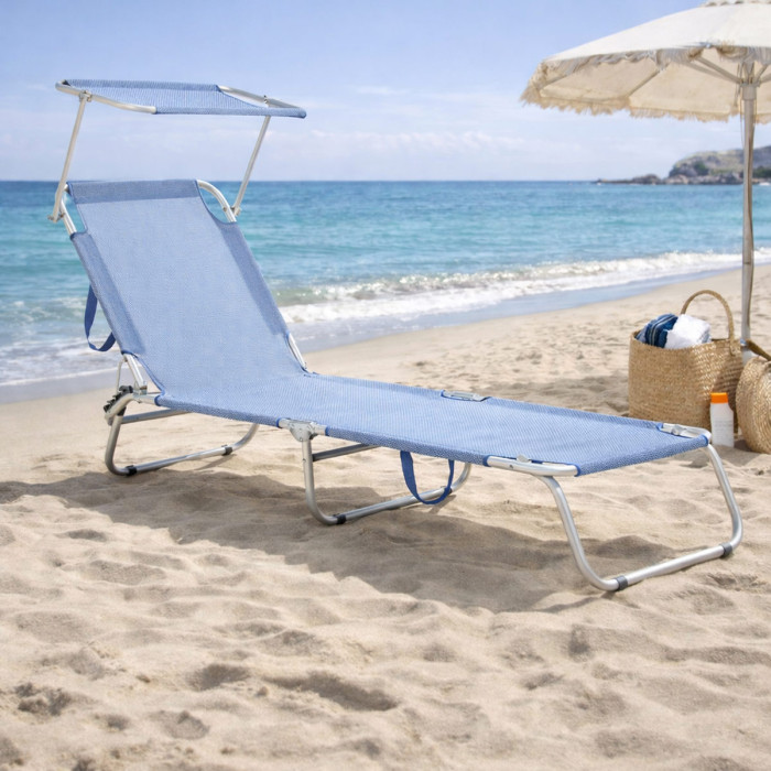 Lettino relax  sdraio per giardino mare esterni pieghevole con tettuccio CROSS Blue Mix
