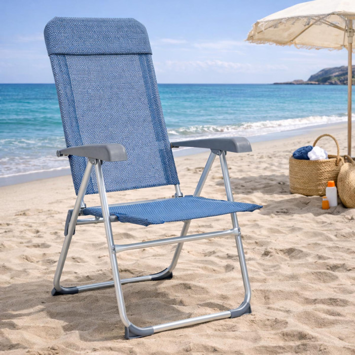 Sedia a sdraio in alluminio e textilene pieghevole reclinabile schienale alto CROSS blu mix