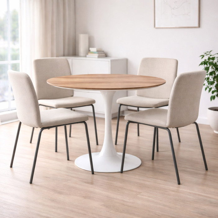 Tavolo pranzo tondo Ø 100 x h75 cm top in mdf  struttura in acciaio BLOOM Veneer Bianco