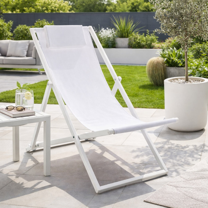 Sdraio giardino pieghevole in alluminio verniciato e textilene con cuscino poggia testa Bianco