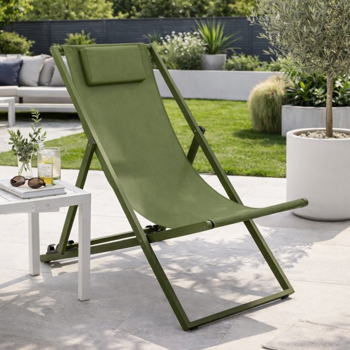 Sdraio prendisole taylor pieghevole in alluminio verniciato e textilene con cuscino verde herb
