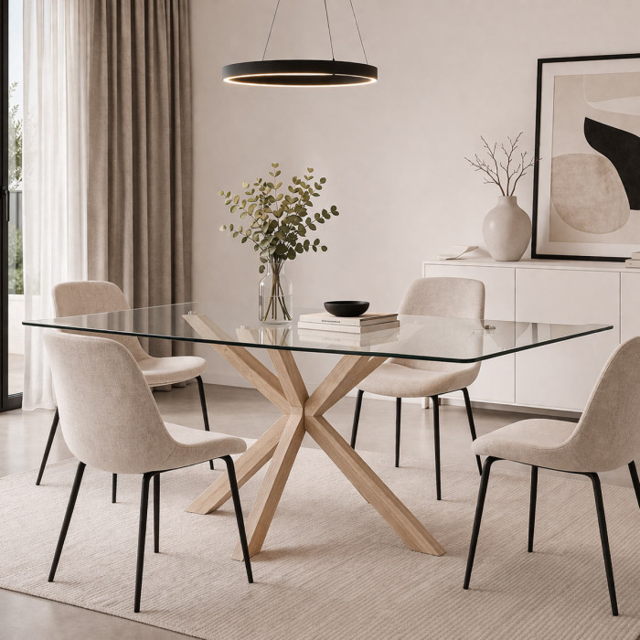 tavolo rettangolare May L160xP90xH76 cm piano in vetro struttura acciaio legno naturale