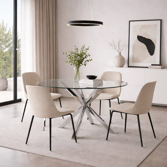 tavolo tondo May Ø L114xH76 cm piano in vetro struttura acciaio cromo