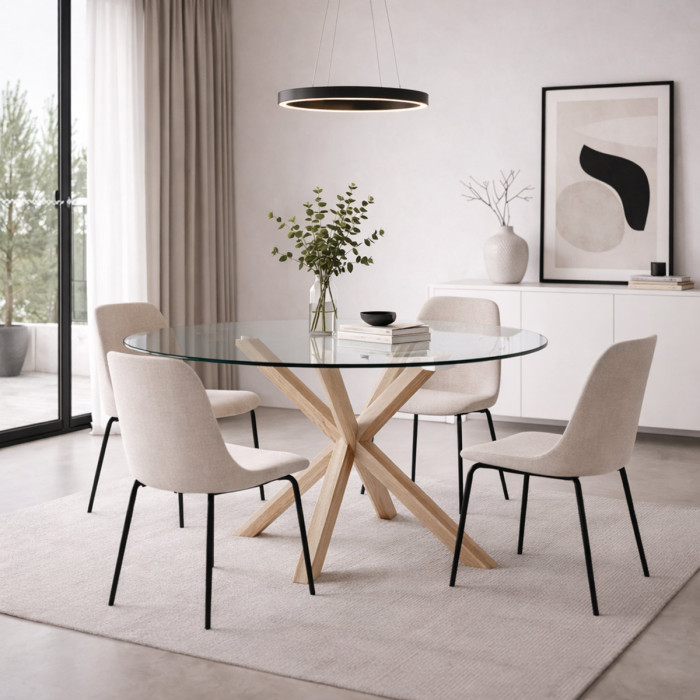 tavolo tondo May Ø L114xH76 cm piano in vetro struttura acciaio effetto legno naturale