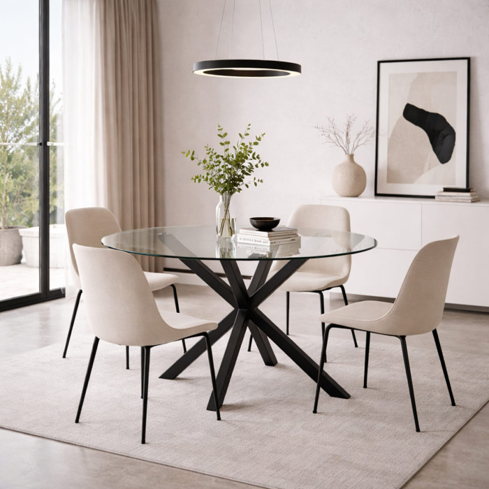 Tavolo tondo Ø L114xH76 cm piano in vetro 10 mm struttura acciaio MAY Nero