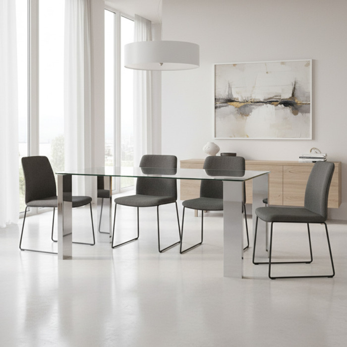 Tavolo pranzo scrivania in vetro 12 mm gambe in mdf cromo 140x80H75 cm ARLEY