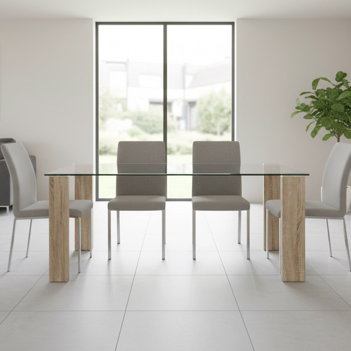 Tavolo da pranzo scrivania in vetro 12 mm gambe mdf legno nature 140x80H75 cm ARLEY
