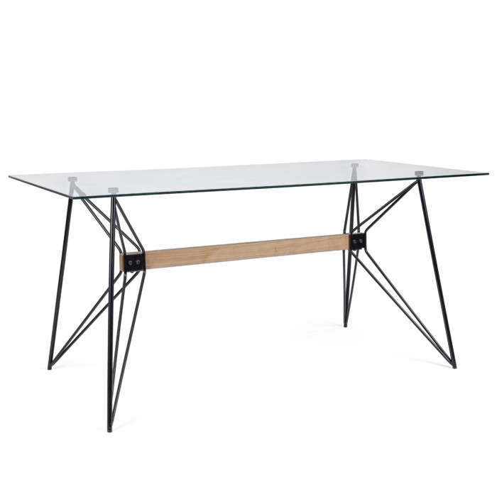 Tavolo piano in vetro L160xP80 cm struttura in acciaio verniciato con inserto in legno